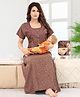 Fabme Sinker Knit Half Sleeves Floral Printed Maternity Nighty With Side Seam Nursing Access - Chocolate Brown