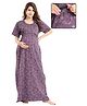 Fabme Sinker Knit Half Sleeves Geometric Printed Maternity Nighty With Horizontal Zipper Nursing Access - Purple