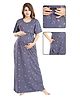 Fabme Sinker Knit Half Sleeves Geometric Printed Maternity Nighty With Horizontal Zipper Nursing Access - Grey