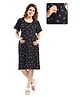 Fabme Sinker Knit Half Sleeves Floral Printed Maternity Night Dress With Horizontal Zipper Nursing Access - Black