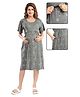 Fabme Sinker Knit Half Sleeves Leaves Printed Maternity Night Dress With Horizontal Zipper Nursing Access - Grey