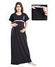 Fabme Sinker Knit Half Sleeves Leaves Printed Maternity Nighty With Horizontal Zipper Nursing Access - Black