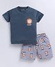 Parrot Crow Cotton Knit Half Sleeves Lion Printed Tee & Shorts Set - Navy Blue & Grey