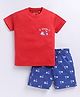 Parrot Crow Cotton Knit Half Sleeves Adventure Text Printed Tee & Shorts Set - Red & Royal Blue