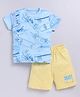 Parrot Crow Cotton Knit Half Sleeves Skateboard Printed Tee & Shorts Set - Light Blue & Yellow