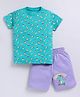 Parrot Crow Cotton Knit Half Sleeves Skater Dinosaur Printed Tee & Shorts Set - Green & Purple