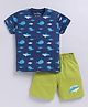 Parrot Crow Cotton Knit Half Sleeves Sea Life Theme Printed Tee & Shorts Set - Navy Blue & Lime Green
