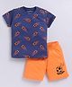 Parrot Crow Cotton Knit Half Sleeves Football Printed Tee & Shorts Set - Navy Blue & Orange