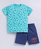 Parrot Crow Cotton Knit Half Sleeves Origami Dinosaurs Printed Tee & Shorts Set - Turquoise & Navy Blue