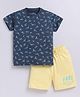 Parrot Crow Cotton Knit Half Sleeves Origami Dinosaurs Printed Tee & Shorts Set - Turquoise & Navy Blue
