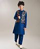 Bittu by bhama Cotton Blend Woven Full Sleeves Solid Kurta Pyjama With Floral Embroidered Jacket Set - Blue