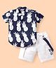 Dapper Dudes Half Sleeves Pineapple Printed Shirt & Shorts With Suspender & Bow - Navy Blue