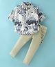 Dapper Dudes Full Sleeves Leaves Printed Shirt & Pant Set With Bow & Suspender - Pista