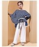 BaawRi Cotton Knit Three Fourth Batwing Sleeves Bandhani Printed Kaftan Top With Pant Set - Blue & Off White
