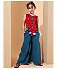 BaawRi Cotton Lycra Knit Sleeveless Floral Embroidered Tassels Detailed Top With Flared Pant Set - Red & Teal Blue