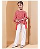 BaawRi Cotton Knit Three Fourth Batwing Sleeves Bandhani Printed Kaftan Top With Pant Set - Red & Off White