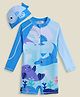 Mark & Mia Raglan Full Sleeves Legged Swimsuit With Sea Life Print & Cap -Blue