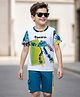 OLLINGTON ST. Cotton Half Sleeves Robot Printed T-Shirt & Knit Shorts Set - White & Navy Blue