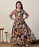 Fashion Dream Georgette Woven Three Fourth Sleeves Floral Printed Lace Embellished Dress - Black