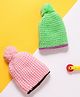 MayRa Knits Hand Knitted Woven Pack Of 2 Solid Pom Pom Embellished Crochet Caps - Green & Pink - Circumference 25 Cm