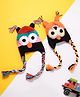 MayRa Knits Hand Knitted Woven Pack Of 2 Animal & Tassels Designed Crochet Caps With Braids - Black & Orange - Circumference 41 Cm