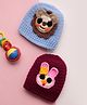 MayRa Knits Hand Knitted Woven Pack Of 2 Baby Animals Face Designed Crochet Caps - Blue & Magenta - Circumference 25 Cm