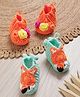 MayRa Knits Hand Knitted Woven Pack Of 2 Animal & Floral Applique Detailed Crochet Booties - Orange & Sea Green