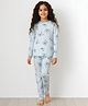 Anthrilo 100% Organic Cotton Knit Full Sleeves Butterflies Printed Comfort Fit Coordinating Night Suit Set - Blue