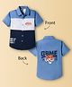Kookie Kids Cotton Woven Half Sleeves Shirt with Color Block Design & Text Print - Blue