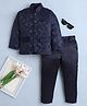 Fourfolds Woven Full Sleeves Cubes Embroidered Jodhpuri & Trousers Set - Navy Blue