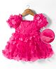 Mark & Mia Woven Half Sleeves Frock Style Party Onesie With Floral Applique - Dark Pink