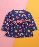 BUMZEE Cotton Knit Full Sleeves Floral & Butterfly Printed Dress With Bow Applique - Navy Blue