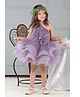 Foreverkidz Net Woven One Shoulder Bow Applique Detailed Pearls Embellished Layered Dress - Lavender