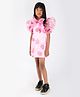 Foreverkidz Organza Woven Half Puffed Sleeves Leaves Printed Dress - Pink