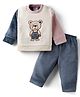 Mom's pet Fleece Knit Full Sleeves Teddy Bear Embroidered Heavy Winter Sweatshirt With Pant Set - Blue