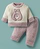 Mom's pet Fur Knit Full Sleeves Bear Embroidered Heavy Winter Sweatshirt With Pant Set - Purple