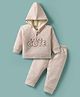 Mom's pet Fleece Knit Full Sleeves Super Cute Embroidered Heavy Winter Hooded Sweatshirt With Pants Set - Pink