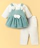 Mom's pet Fur Knit Full Sleeves Bow Applique Detailed Heavy Winter Pinafore Dress With Top & Leggings - Green