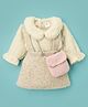 Mom's pet Glitter Knit Full Sleeves Fur Detailed Heavy Winter Peter Pan Collar Pinafore Dress With Top & Leggings Set - Cream