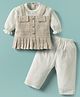 Mom's pet Glitter Knit Full Peasant Sleeves Frill Detailed Dress With Attached Top & Leggings Set - Cream
