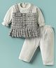 Mom's pet Glitter Knit Full Peasant Sleeves Frill Detailed Dress With Attached Top & Leggings Set - Grey