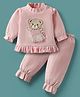 Mom's pet Fleece Knit Full Peasant Sleeves Ballerina Bear Patch Detailed Heavy Winter Sweatshirt & Leggings Set - Pink