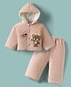 Mom's pet Cotton Spandex Knit Teddy Embroidered Heavy Winter Hooded Jacket With Pant Set - Peach