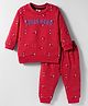 Zero Fleece Knit Full Sleeves Winter Wear Sweatshirt and Joggers Set with Teddy Print And Super Hero Text Print - Red