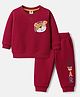 Zero Fleece Knit Full Sleeves Fleece Winter Wear Sweatshirt & Joggers Set With Teddy Print - Red
