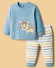 Zero Interlock Knit Full Sleeves T-Shirt & Striped Jogger Set With Animal Embroidery - Light Blue