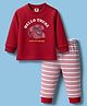 Zero Interlock Knit Full Sleeves T-Shirt & Joggers Set with Stripe & Hello There Text Print - Red