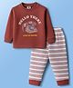 Zero Interlock Knit Full Sleeves T-Shirt & Joggers Set with Stripe & Hello There Text Print - Burgandy