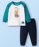 Zero Interlock Knit Full Raglan Sleeves T-Shirt & Joggers Set with Cat & Text Print - Navy Blue & Teal Blue