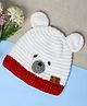 Funkrafts Teddy Bear Embroidered Handmade Beanie Cap - White & Red - Circumference 39 Cm